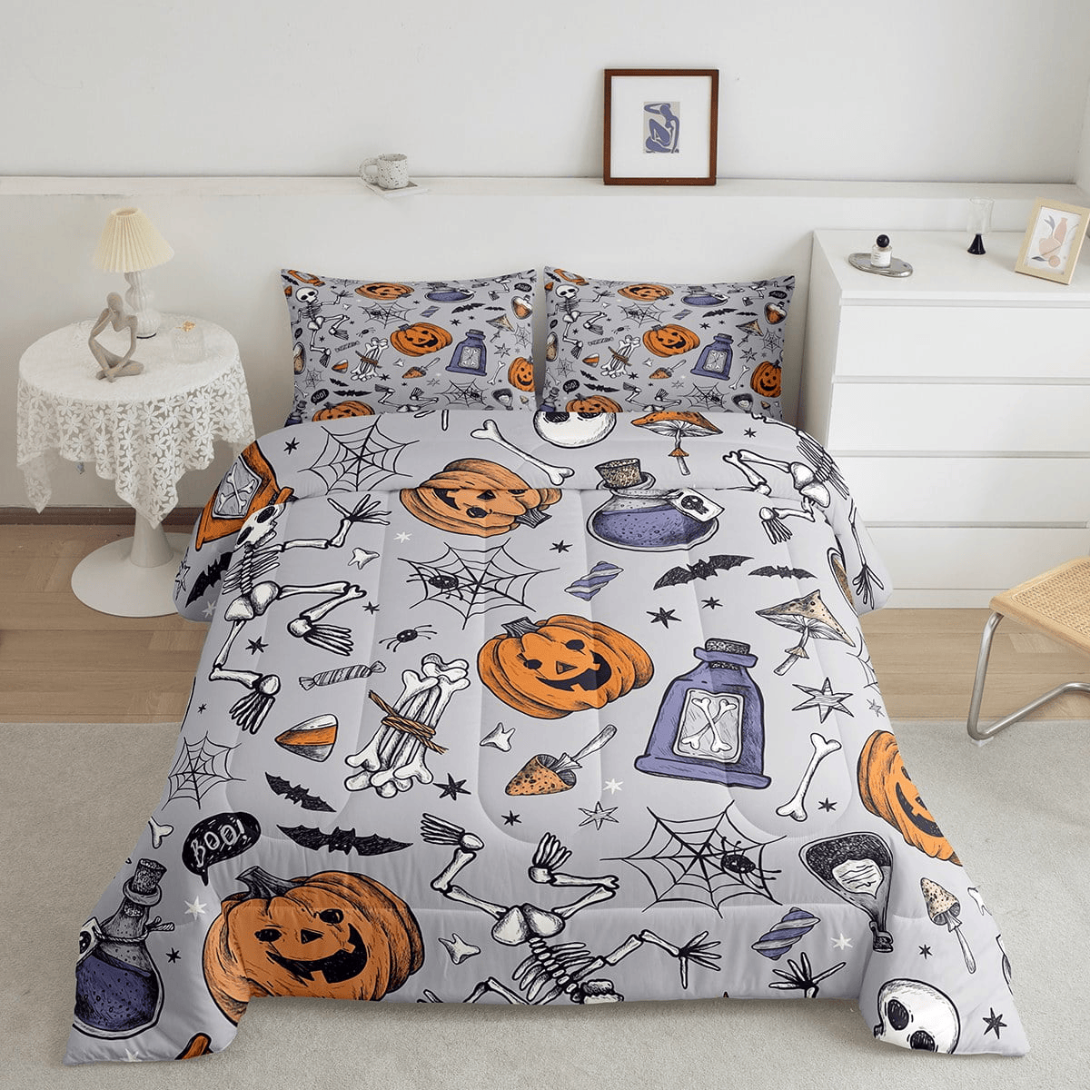 Halloween Bedding Set Pumpkin Skeleton Potions Pattern Duvet Covers Purple Unique Gift