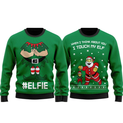 Unifinz Elfie Ugly Christmas Sweater Elfie When I Think About You I Touch My Elf Green Sweater 2023