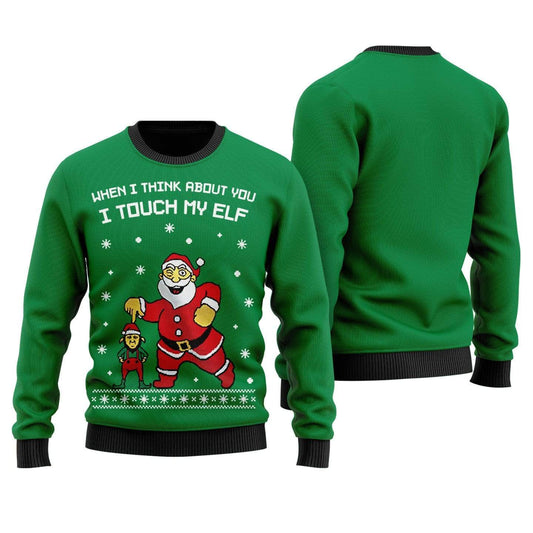 Unifinz Elf Ugly Christmas Sweater Elfie When I Think About You I Touch My Elf Green Sweater 2023