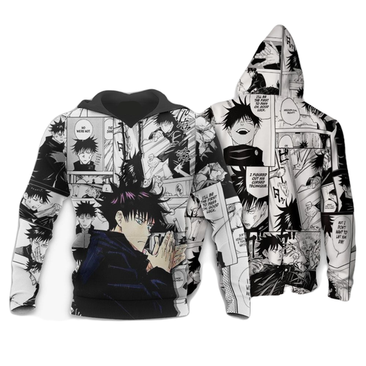 Jujutsu Kaisen Hoodie Fushiguro Megumi Manga Style Hoodie Black White Unisex