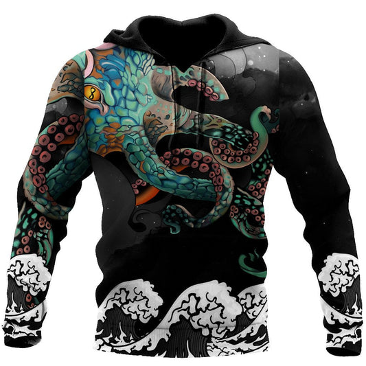  Japan T-shirt Japanese Octopus Irezumi Black T-shirt Hoodie Adult Full Print