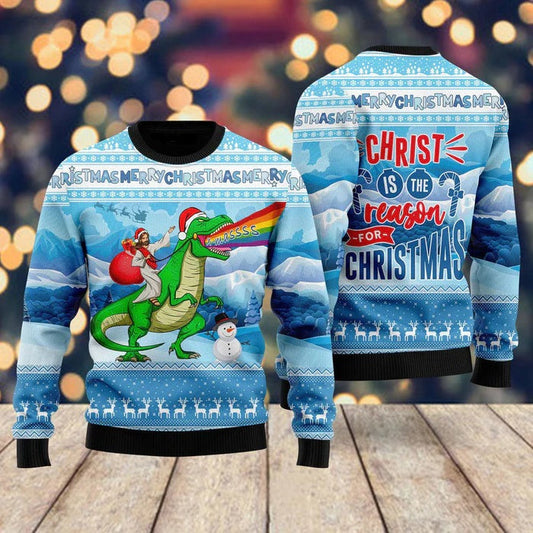 Dinosaur Sweatshirt Christ Is The Reason For Christmas Sweatshirt Blue Unisex