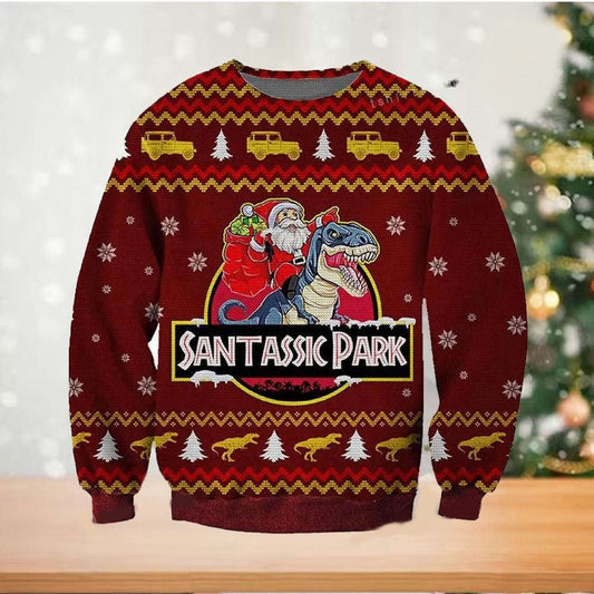 Dinosaur Sweatshirt Santassic Park Santa And T-rex Sweatshirt Dark Red Unisex