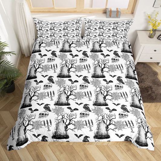 Halloween Bedding Set Skulls Skeleton Bat Spider Web Pattern Duvet Covers Black White Unique Gift