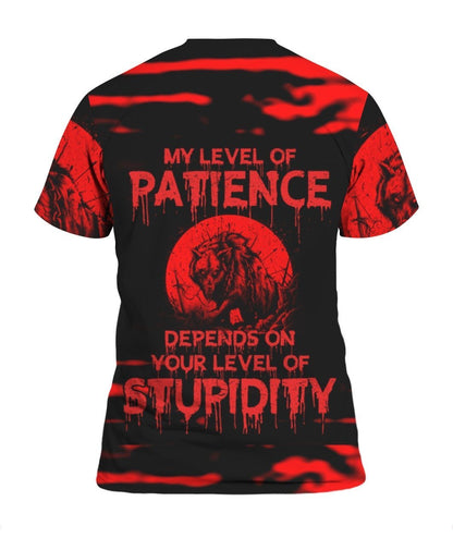  Halloween T-shirt Scary Wolf My Level Of Patience Depends On Your Level Of Stupidity Red Black Hoodie Full Print Unisex