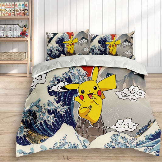 PKM Bedding Set Kanagawa Great Wave PKM Pikachu Duvet Covers Gray Blue Unique Gift