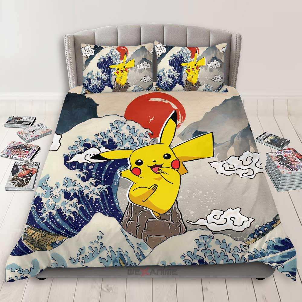 PKM Bedding Set Kanagawa Great Wave PKM Pikachu Duvet Covers Gray Blue Unique Gift