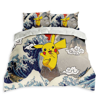 PKM Bedding Set Kanagawa Great Wave PKM Pikachu Duvet Covers Gray Blue Unique Gift