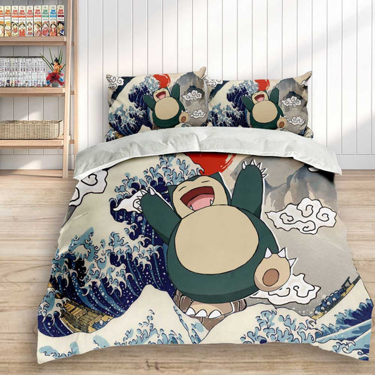 PKM Bedding Set Kanagawa Great Wave PKM Snorlax Duvet Covers Gray Blue Unique Gift