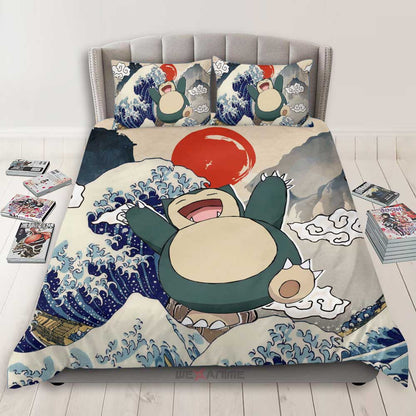 PKM Bedding Set Kanagawa Great Wave PKM Snorlax Duvet Covers Gray Blue Unique Gift