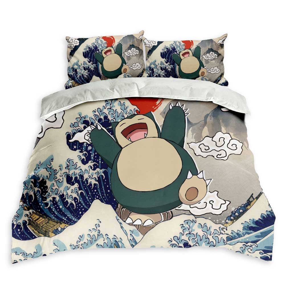 PKM Bedding Set Kanagawa Great Wave PKM Snorlax Duvet Covers Gray Blue Unique Gift