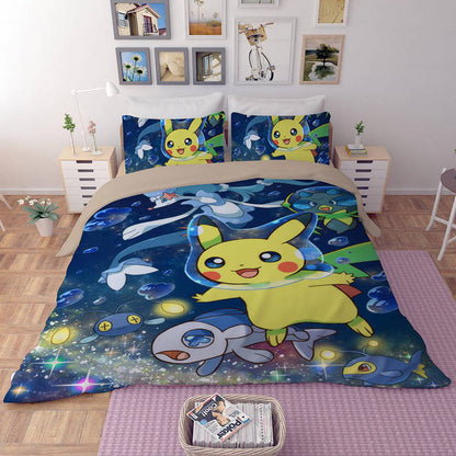 PKM Bedding Set Kawaii Pikachu Under The Sea Duvet Covers Blue Unique Gift