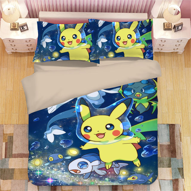 PKM Bedding Set Kawaii Pikachu Under The Sea Duvet Covers Blue Unique Gift