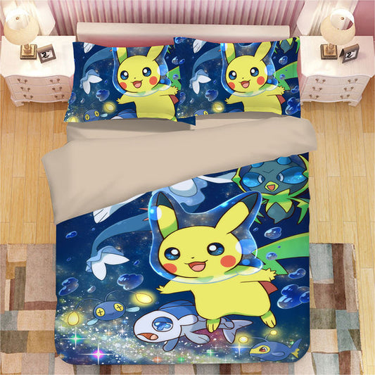 PKM Bedding Set Kawaii Pikachu Under The Sea Duvet Covers Blue Unique Gift