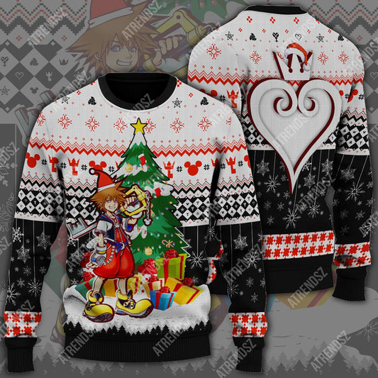  Kingdom Hearts Ugly Sweater Sora Christmas Tree Black White Sweater