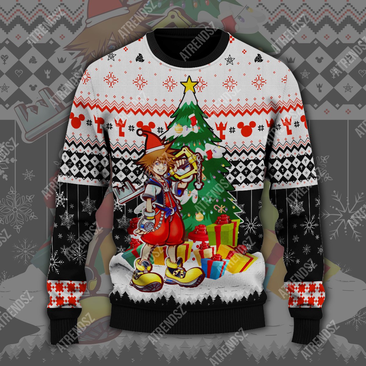  Kingdom Hearts Ugly Sweater Sora Christmas Tree Black White Sweater