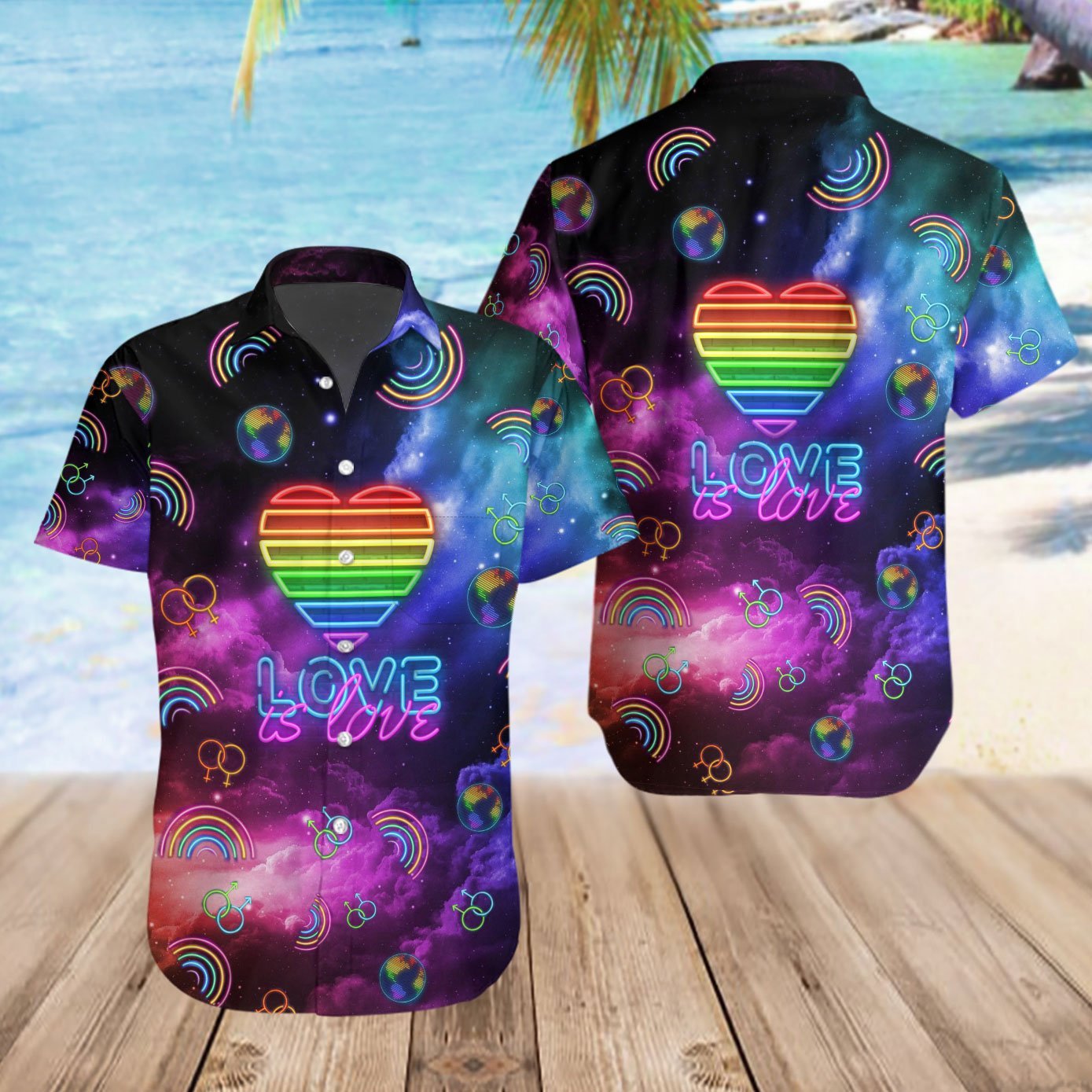 Unifinz LGBT Hawaiian Shirt Neon Lights Love Is Love Space Galaxy Hawaii Shirt LGBT Aloha Shirt 2022