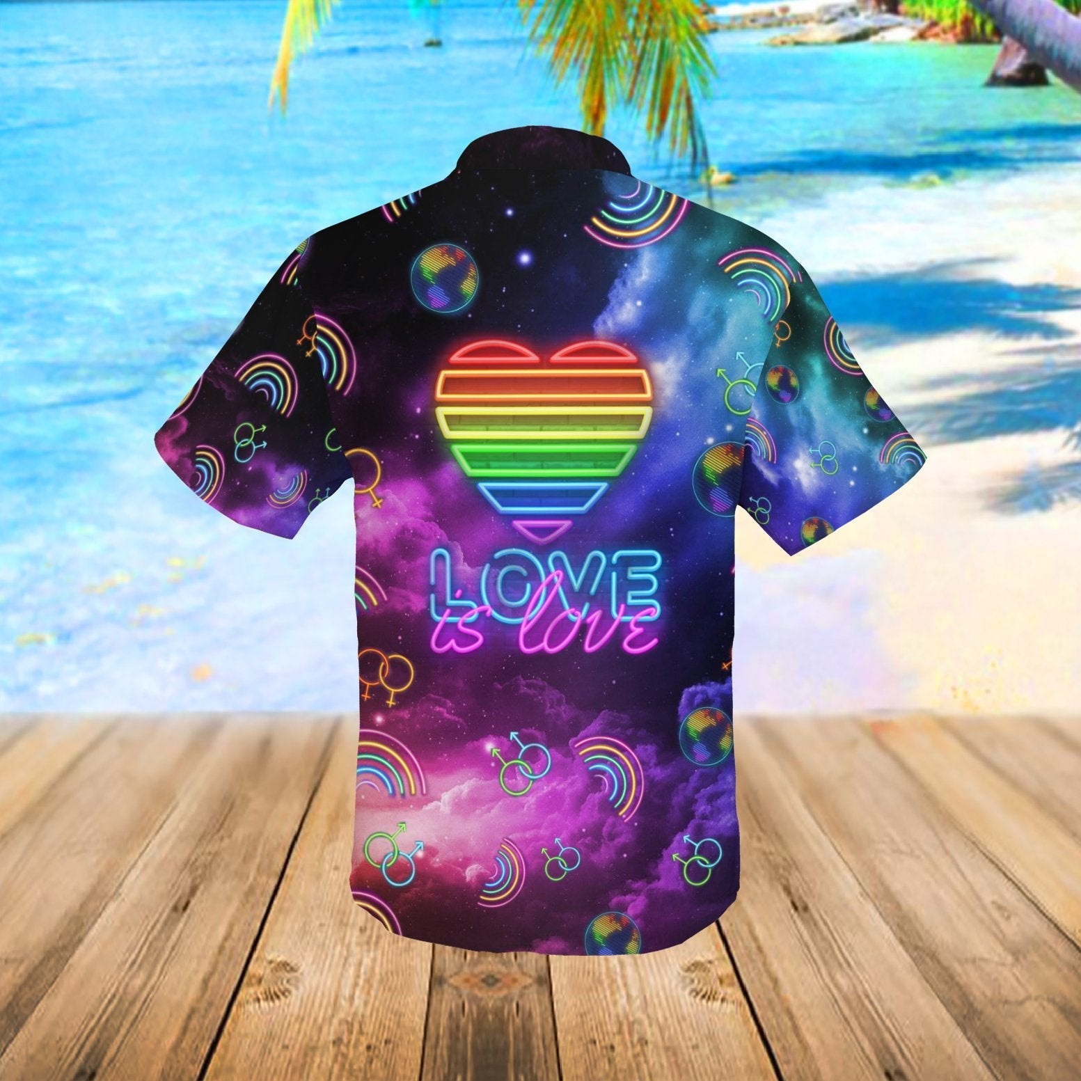 Unifinz LGBT Hawaiian Shirt Neon Lights Love Is Love Space Galaxy Hawaii Shirt LGBT Aloha Shirt 2022