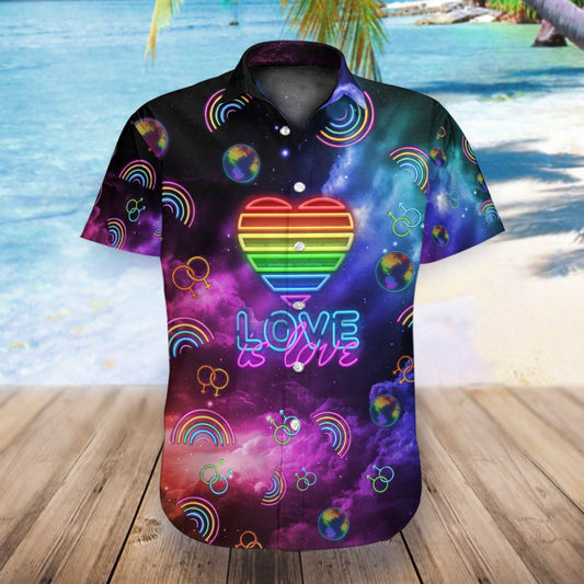 Unifinz LGBT Hawaiian Shirt Neon Lights Love Is Love Space Galaxy Hawaii Shirt LGBT Aloha Shirt 2022