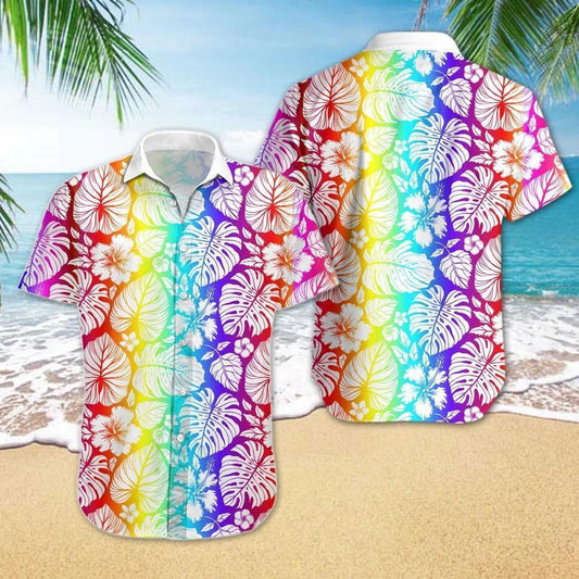 Unifinz LGBT Hawaii Shirt LGBT Rainbow Color Tropical Floral Hawaiian Shirt LGBT Aloha Shirt 2022