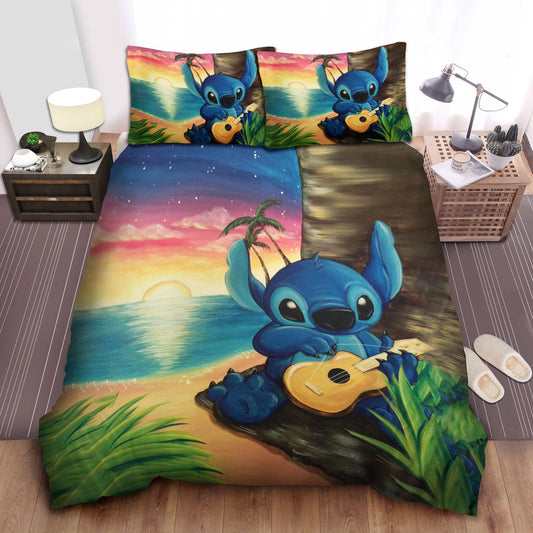 Lilo And Stitch Bedding Set Stitch Playing Ukulele On Sunset Duvet Covers Colorful Unique Gift