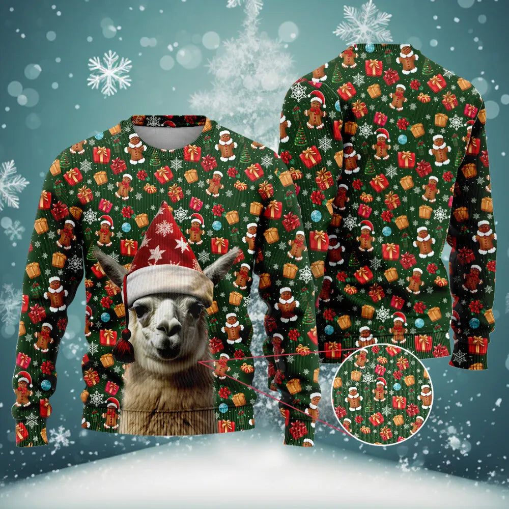 Llama Sweatshirt Llama Wears Hat Christmas Items Pattern Sweatshirt Green Red Unisex