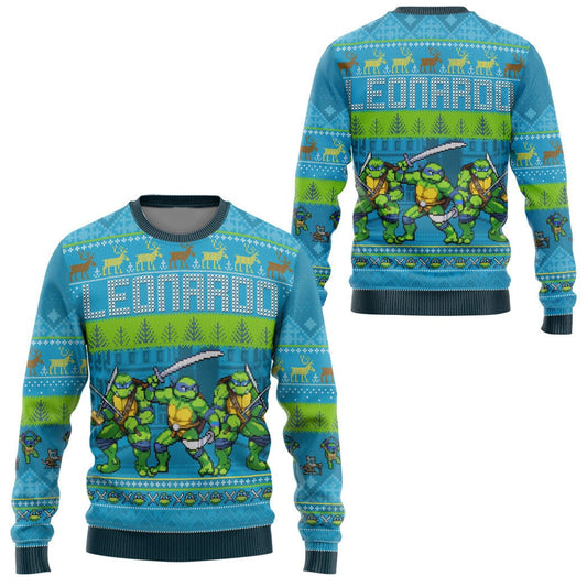 TMNT Sweatshirt Leonardo Ninja Turtles Reindeer Pattern Sweatshirt Blue Unisex