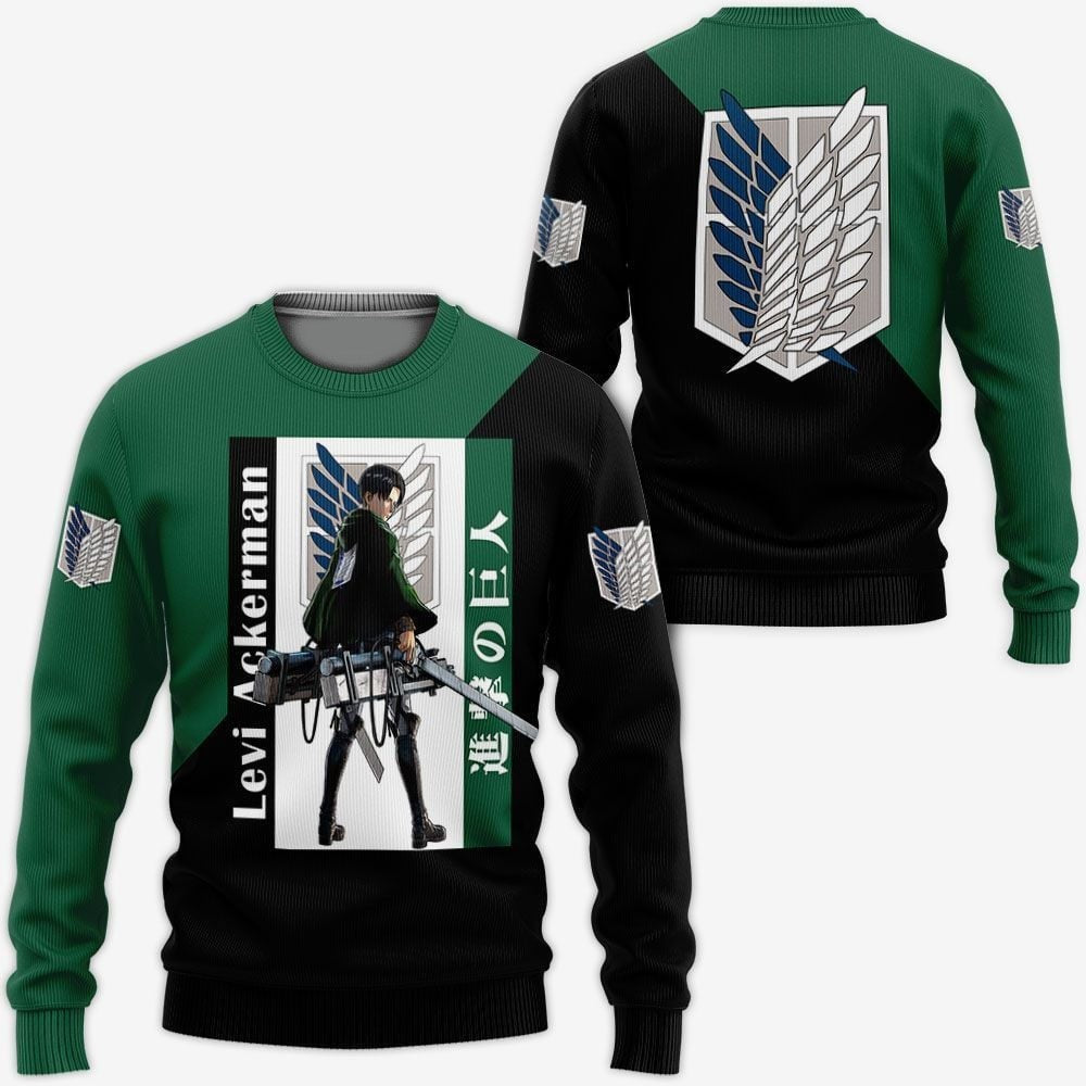 Attack On Titan Sweatshirt Levi Ackerman Character Sweatshirt Black Green Unisex Adults