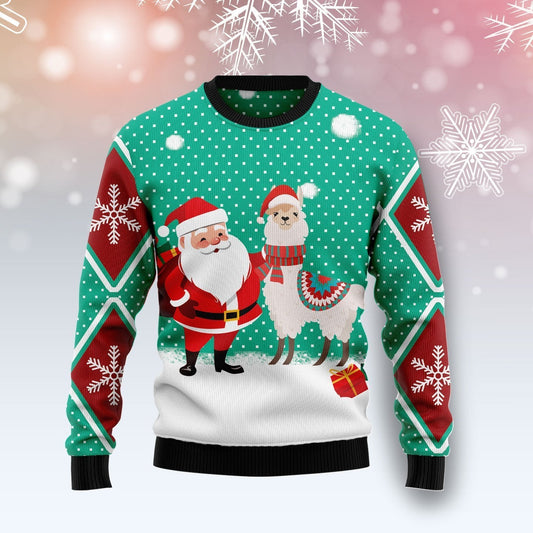 Llama Christmas Ugly Sweater Santa Claus And Llama Snowflakes Green Red Sweater