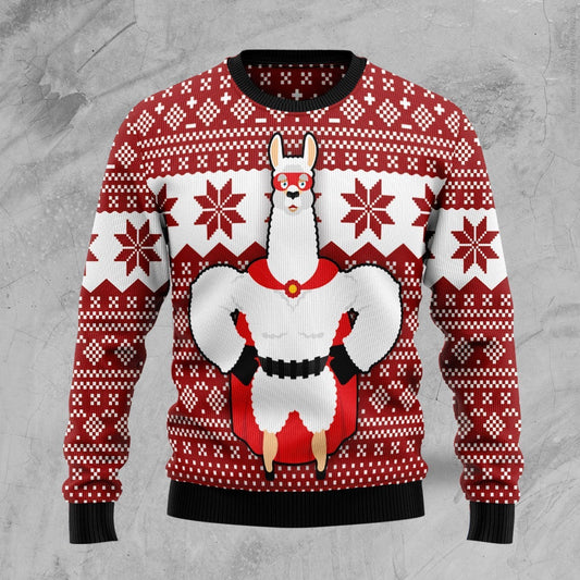 Llama Christmas Ugly Sweater Llama Superhero Red White Christmas Sweater