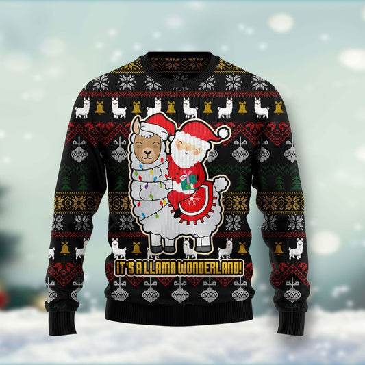 Llama Christmas Ugly Sweater Santa Claus On Llama It's A Llama Wonderland Black Sweater