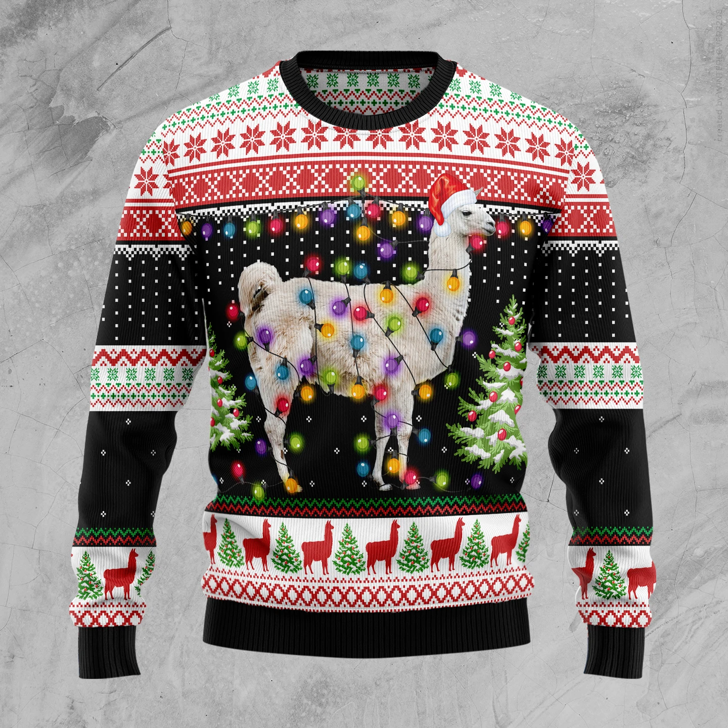 Llama Christmas Ugly Sweater Llama With Christmas Light Bulds Black White Red Sweater