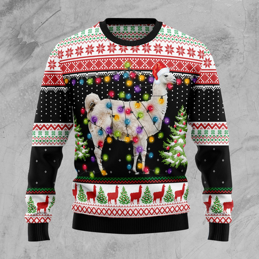 Llama Christmas Ugly Sweater Llama With Christmas Light Bulds Black White Red Sweater