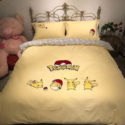 PKM Bedding Set Lovely Pikachu Poses Pattern Duvet Covers Yellow Unique Gift