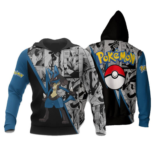 PKM Hoodie Lucario Graphic Manga Style Hoodie Black Blue Unisex