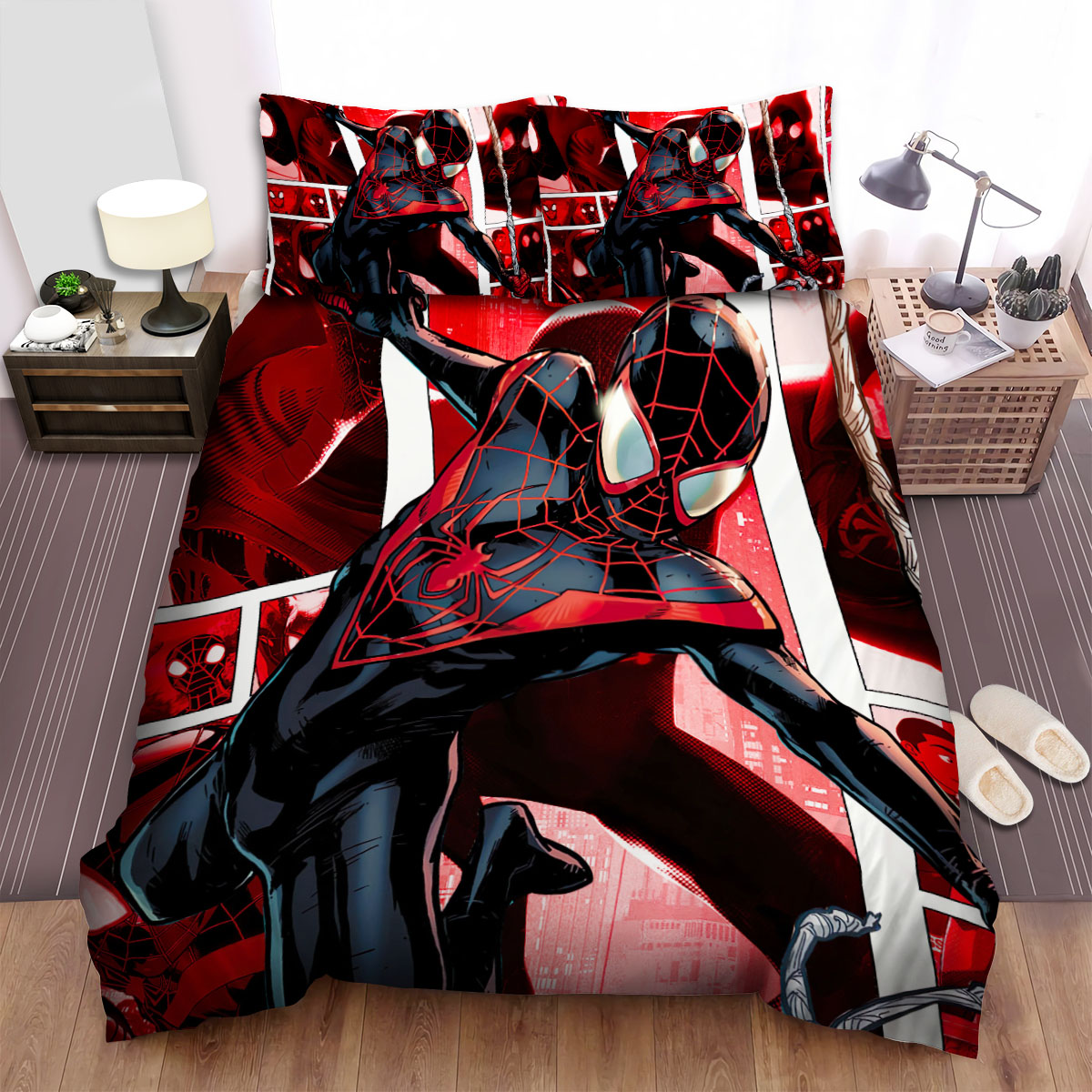 Spiderman Bedding Set MV Miles Morales Spiderman Comic Art Duvet Covers Black Red Unique Gift