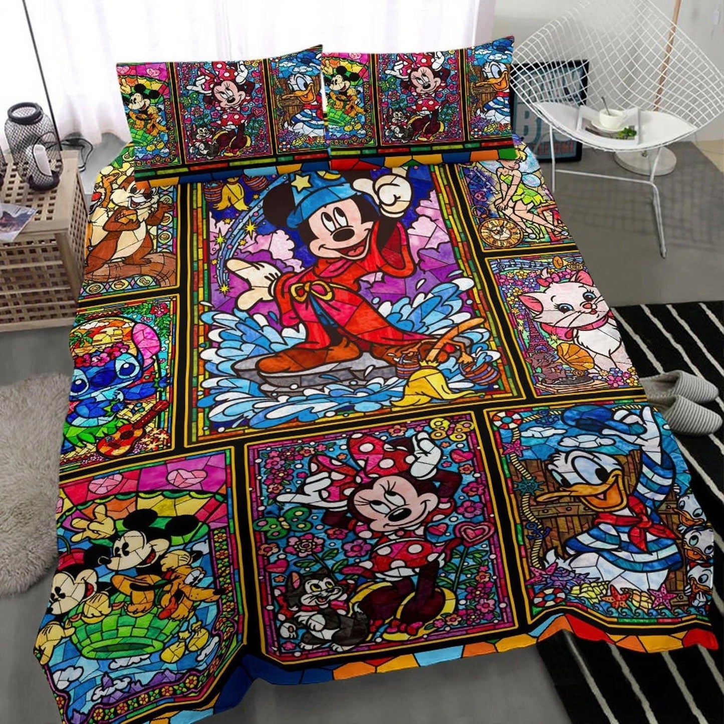 DN Bedding Set MM Minnie Stitch Donald Duck Stained Glasses Duvet Covers Colorful Unique Gift