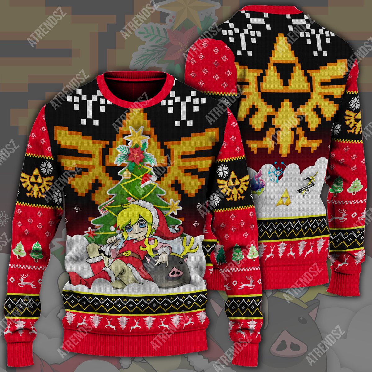 Unifinz Legend Of Zelda Sweater Chibi Link Pig Christmas Tree Hyrule Symbol Ugly Sweater Legend Of Zelda Ugly Sweater 2022