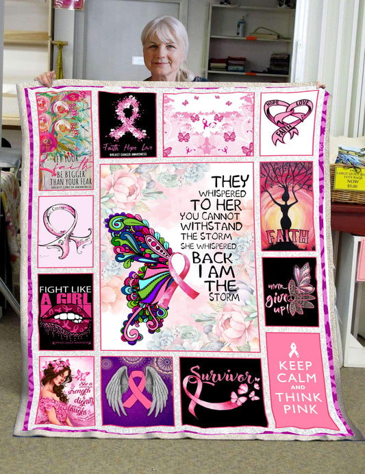 Unifinz Breast Cancer Blanket They Whispered To Her You Can't Withstand The Storm Blanket Awesome Breast Cancer Awareness Blanket 2022