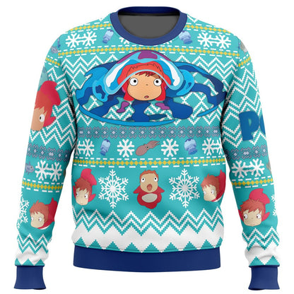 SGhibli Sweatshirt Magical Ponyo Christmas Pattern Sweatshirt Blue Unisex