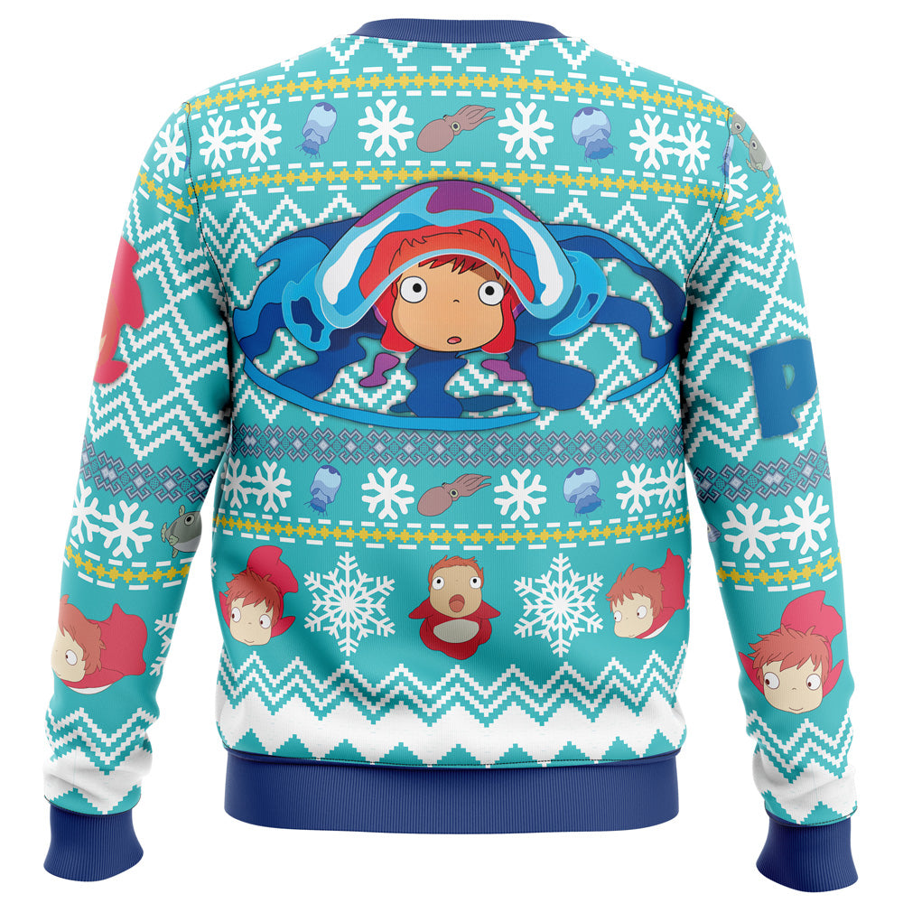 SGhibli Sweatshirt Magical Ponyo Christmas Pattern Sweatshirt Blue Unisex