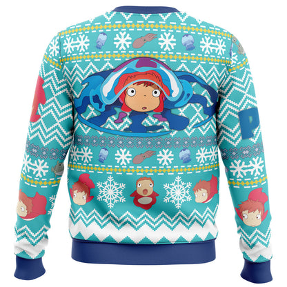 SGhibli Sweatshirt Magical Ponyo Christmas Pattern Sweatshirt Blue Unisex