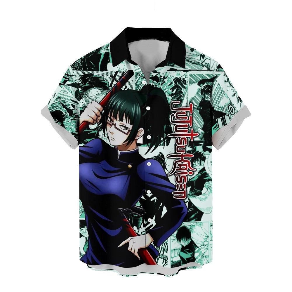 Jujutsu Kaisen Hawaii Shirt Maki Zenin Character Manga Style Pattern Aloha Shirt Green Unisex