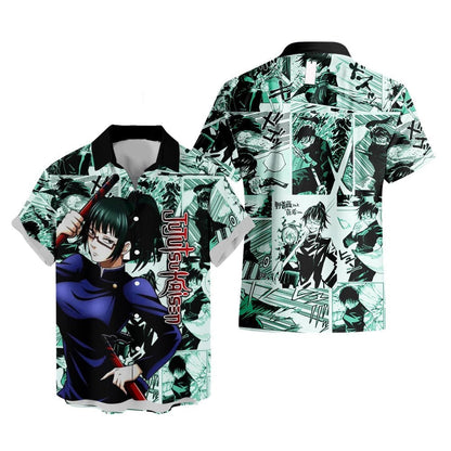 Jujutsu Kaisen Hawaii Shirt Maki Zenin Character Manga Style Pattern Aloha Shirt Green Unisex