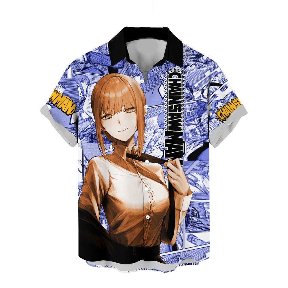 Chainsaw Man Hawaii Shirt Makima Character Manga Style Pattern Aloha Shirt Blue Unisex