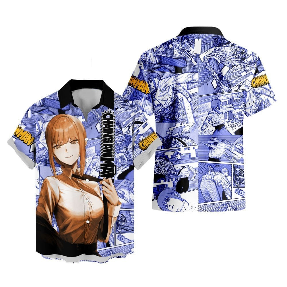 Chainsaw Man Hawaii Shirt Makima Character Manga Style Pattern Aloha Shirt Blue Unisex