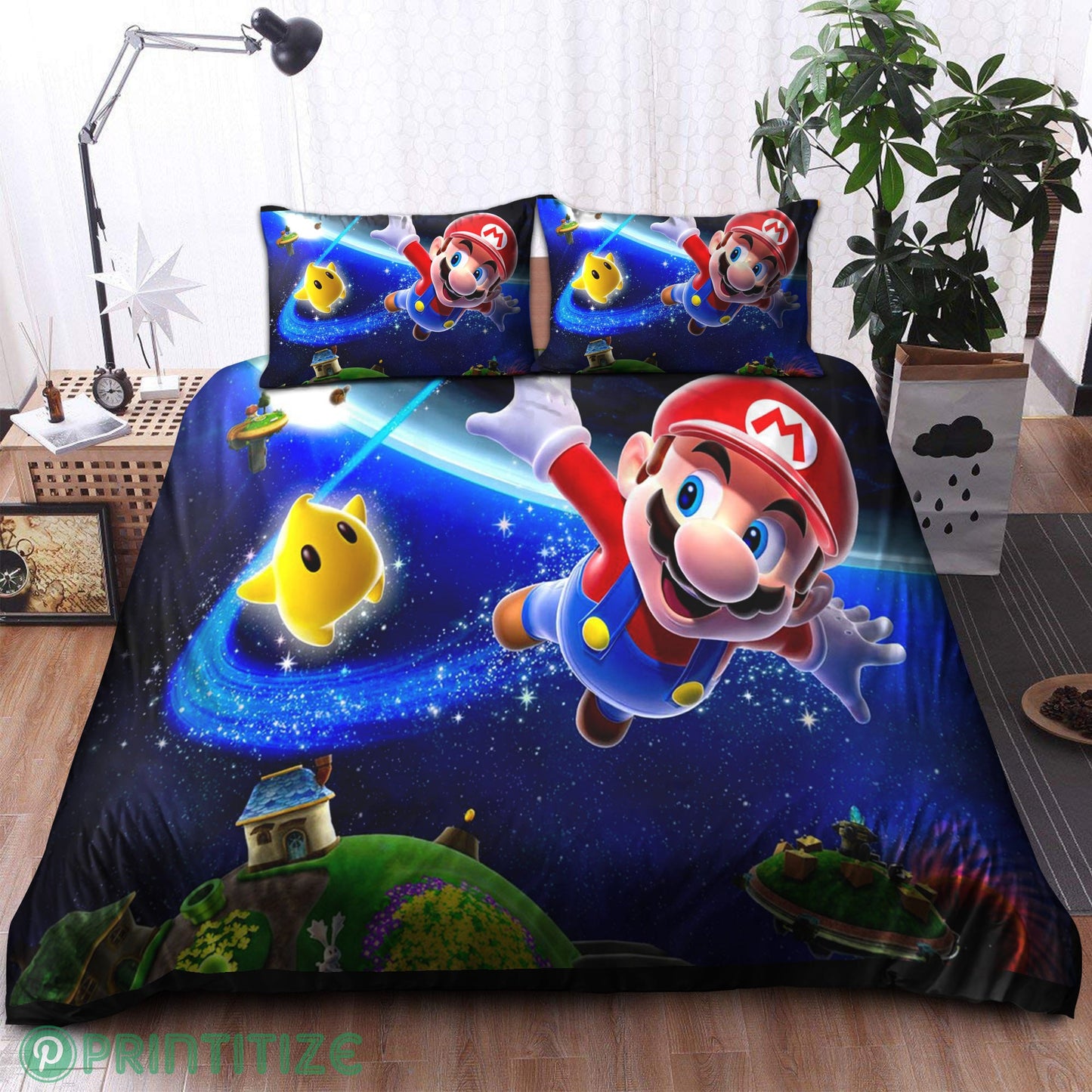 Mario Bedding Set Mario Galaxy Flying With Luma Duvet Covers Blue Unique Gift