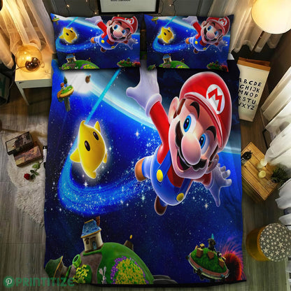 Mario Bedding Set Mario Galaxy Flying With Luma Duvet Covers Blue Unique Gift