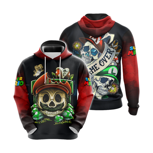 Mario Hoodie Mario Skull Game Over Hoodie Black Red Unisex