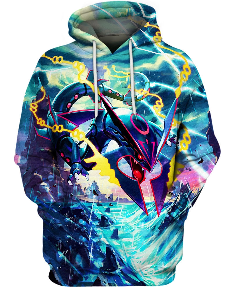 PKM Hoodie PKM Mega Rayquaza Storm Graphic Hoodie Blue Unisex